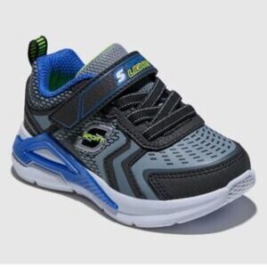 SKECHERS Sneakers S Lites NEW Light Up No tie Straps Black Blue Infant Size 5
